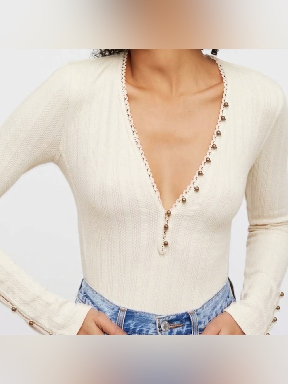 We The Free People Adrianna Thermal Cream Ivory Metal Button Front Ribbed Small